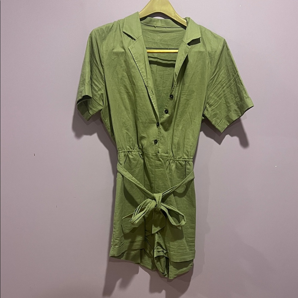 Green Short Sleeve Romper with Belt